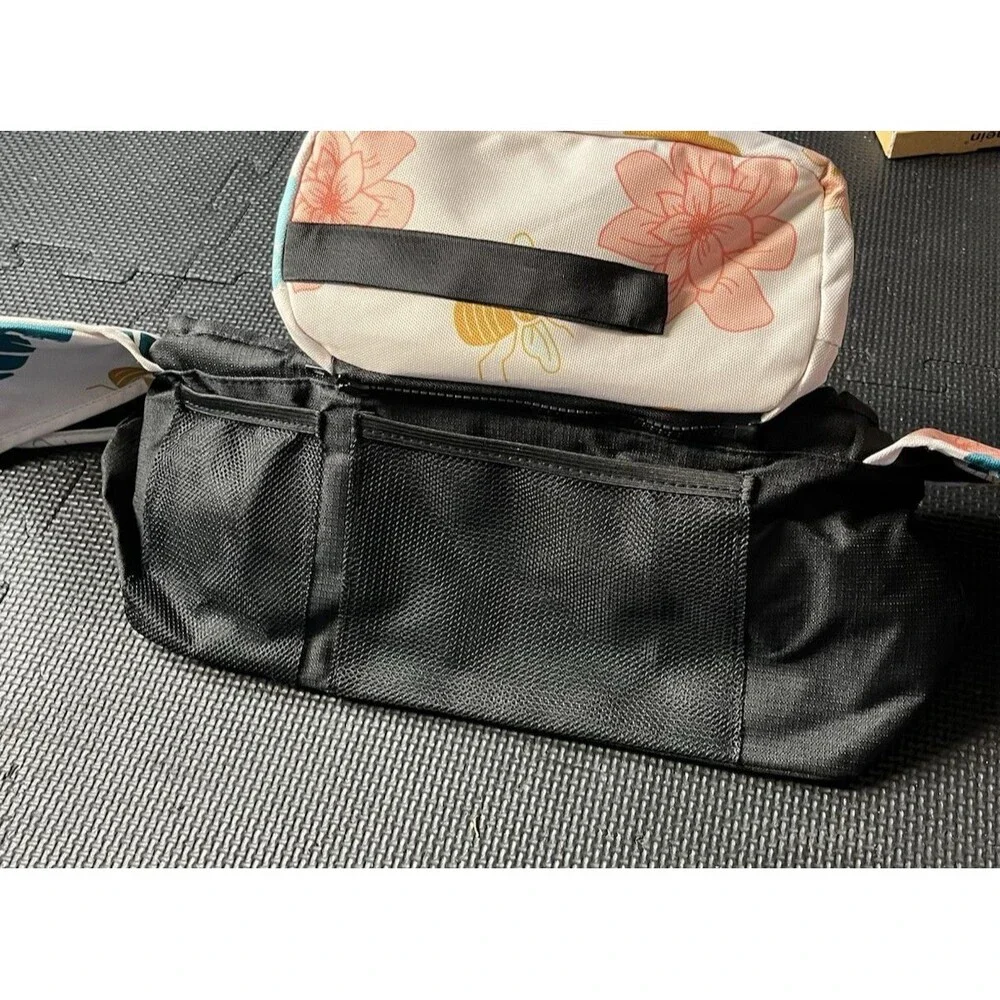 WUUTER Stroller Organizer with Cup Holder Detachable Wristlet Large Floral Bees